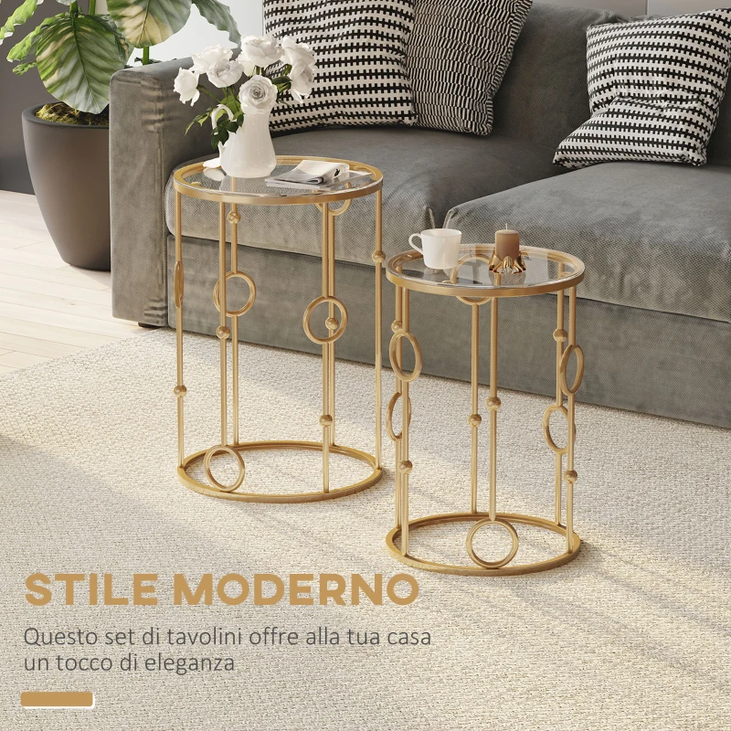HOMCOM Set 2 Pezzi Tavolini da Caffè Design Elegante con Motivi a Cerchio, Metallo e Vetro Temperato Φ41x57cm & Φ36x51cm, Oro