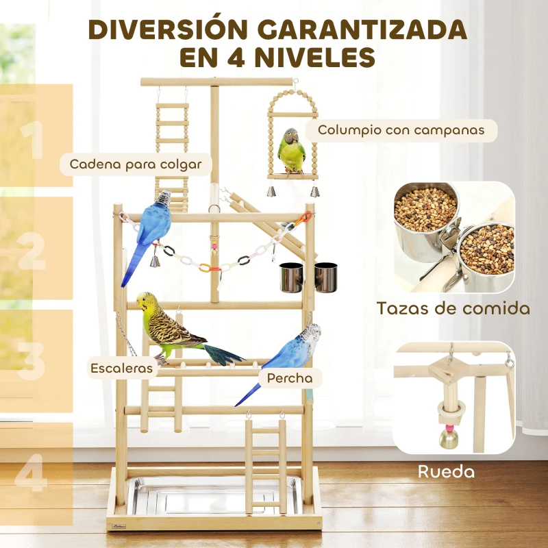 PawHut Parque de Juegos para Pájaros Soporte de Madera para Pájaros con Escaleras Columpio Cadena Bandeja Comederos