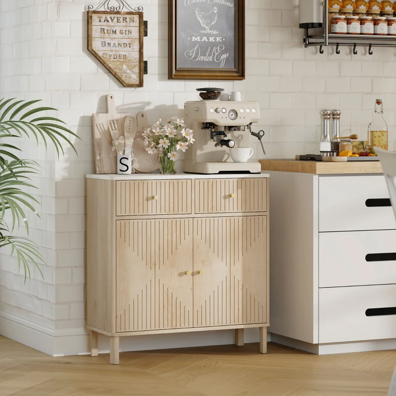 HOMCOM Buffet, meuble de rangement cannelé avec plateau effet marbre, 2 tiroirs, 2 portes, étagère réglable, 77x30x80cm, chêne(m-10)