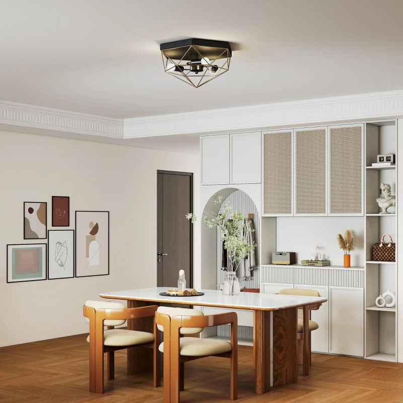 HOMCOM Lampada da Soffitto Stile Industriale Geometrica con 3 Attacchi E27 per Lampadine LED, Nero e Oro