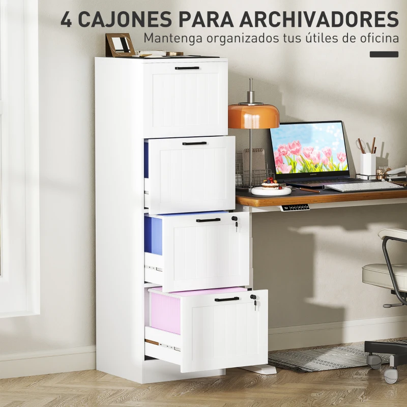 HOMCOM Mueble Archivador con 4 Cajones Cerraduras Carpetas A4 y Carta 40x40x131 cm Blanco