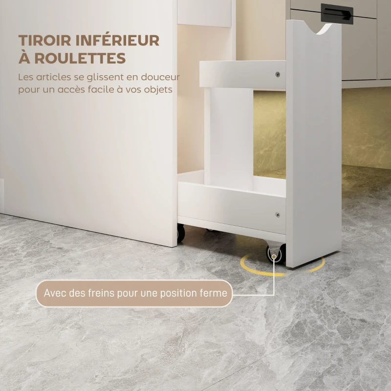 HOMCOM Meuble de salle de bain meuble de rangement avec tiroir sur roulettes, avec étagères ouvertes, 20 x 45 x 115 cm, blanc