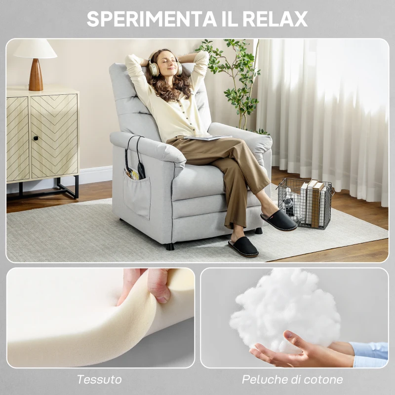 HOMCOM Poltrona Reclinabile con Poggiapiedi, Riscaldamento, 8 Punti Massaggio e 5 Modalità, Tessuto Vellutato, Grigio