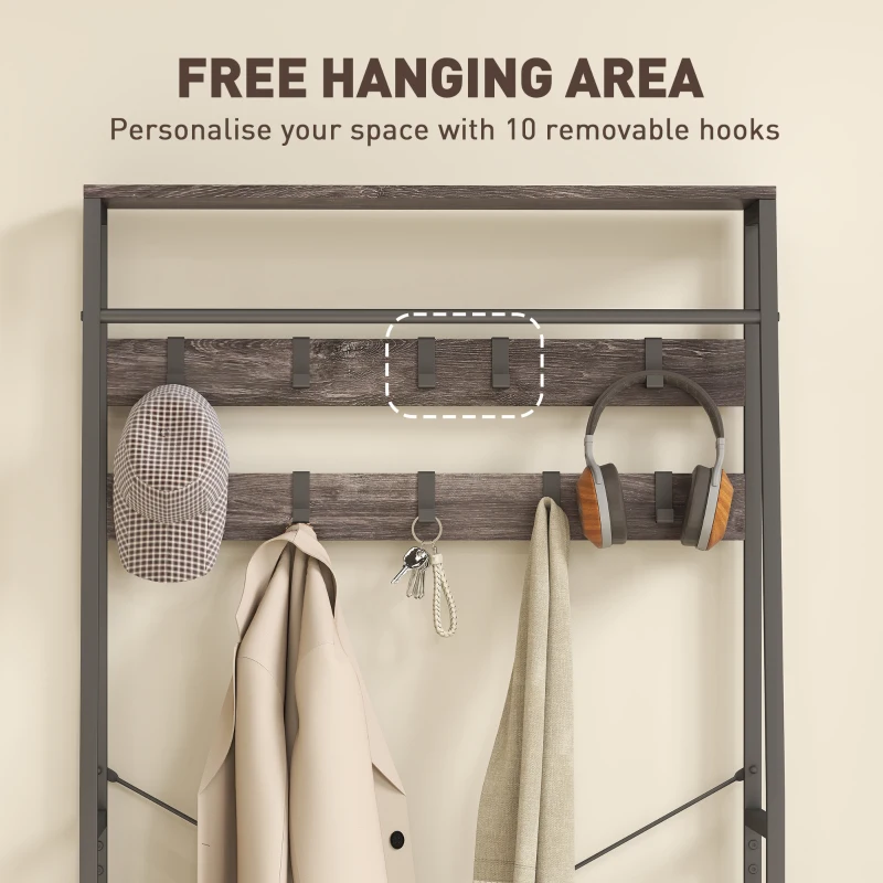HOMCOM Coat Rack with Shoe Storage, Hall Tree, Industrial Coat Stand with Shoe Bench, 10 Removable Hooks, 2 Fabric Drawers and Clothes Rail for Entryway, Hallway, Grey