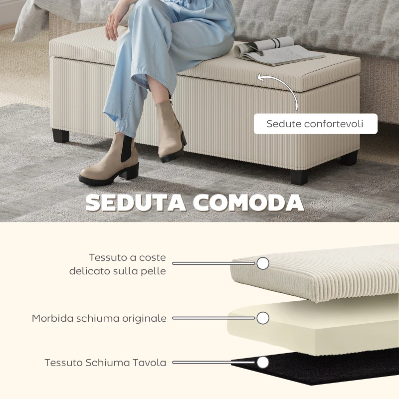 HOMCOM Panca Fondo Letto con Spazio Contenitore da 84L, in Tessuto Effetto Velluto a Coste e Acciaio, 112x42x40 cm, Beige