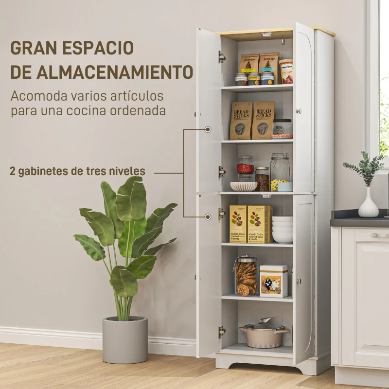 HOMCOM Alacena de Cocina Mueble Auxiliar de Cocina con 4 Puertas y Estantes Ajustables para Comedor Salón 60x30x183 cm Blanco