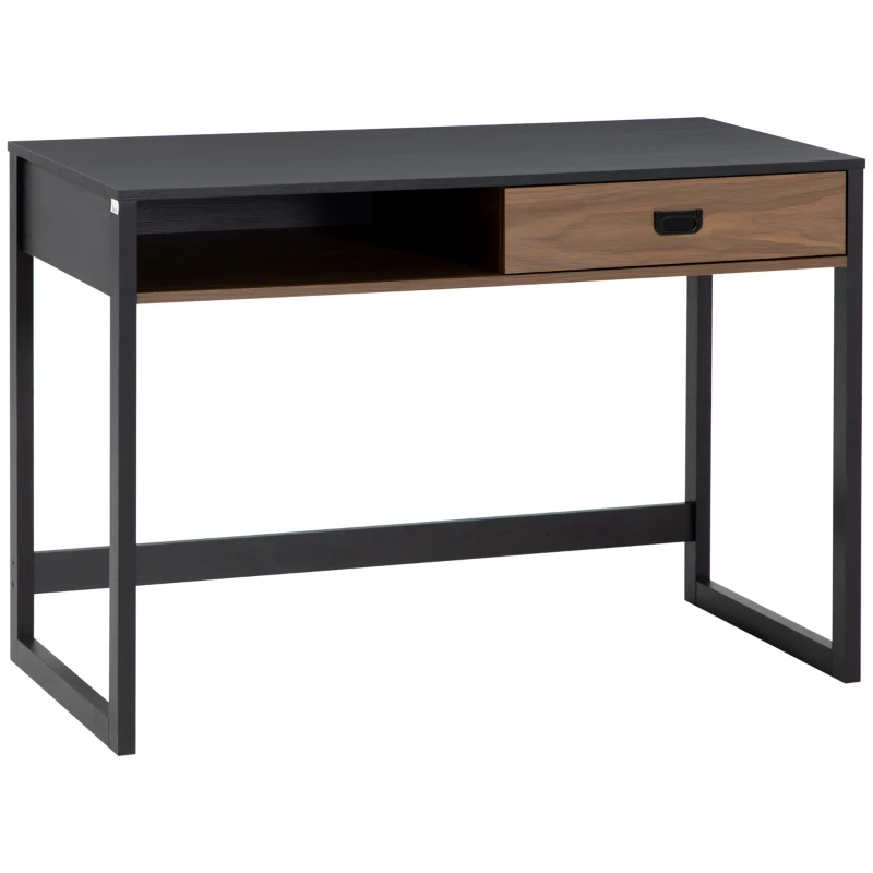 HOMCOM Bureau informatique design industriel grand plateau avec tiroir étagère 110 x 50 x 76 cm aspect noyer et noir