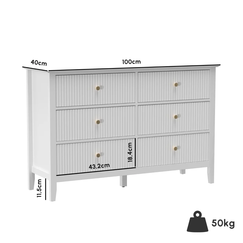 HOMCOM Cómoda Aparador con 6 Cajones Armario de almacenamiento moderno para salón dormitorio pasillo 100 x 40 x 78 cm Blanco