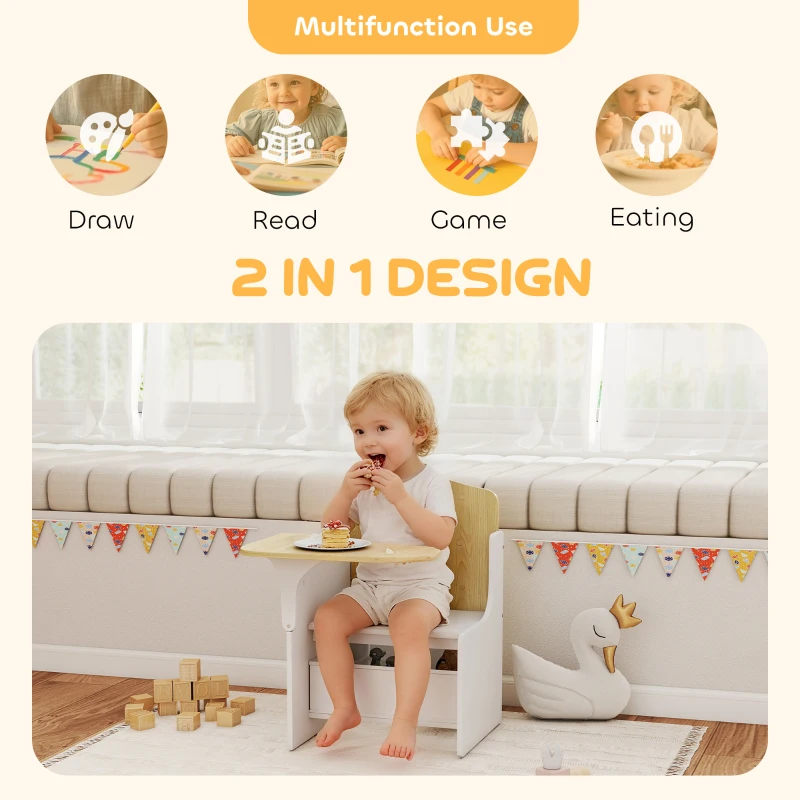 AIYAPLAY Kids Table and Chair Set, Children Desk and Chair with Storage Bins for Playing, Reading, Painting, for Ages 3-5, White