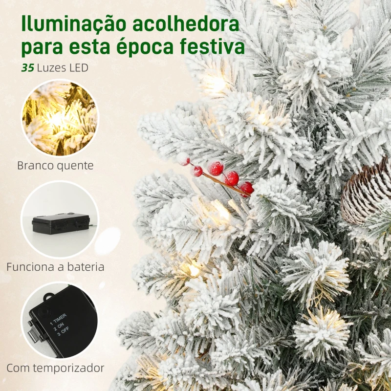 HOMCOM Mini Árvore de Natal Artificial com 35 Luzes LED 60 cm com 72 Ramos com Neve Pinhas Bagas e Base de Saco de Juta Ø37x60 cm Verde
