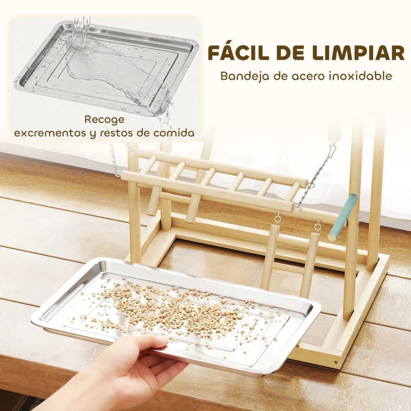 PawHut Parque de Juegos para Pájaros Soporte de Madera para Pájaros con Escaleras Columpio Cadena Bandeja Comederos