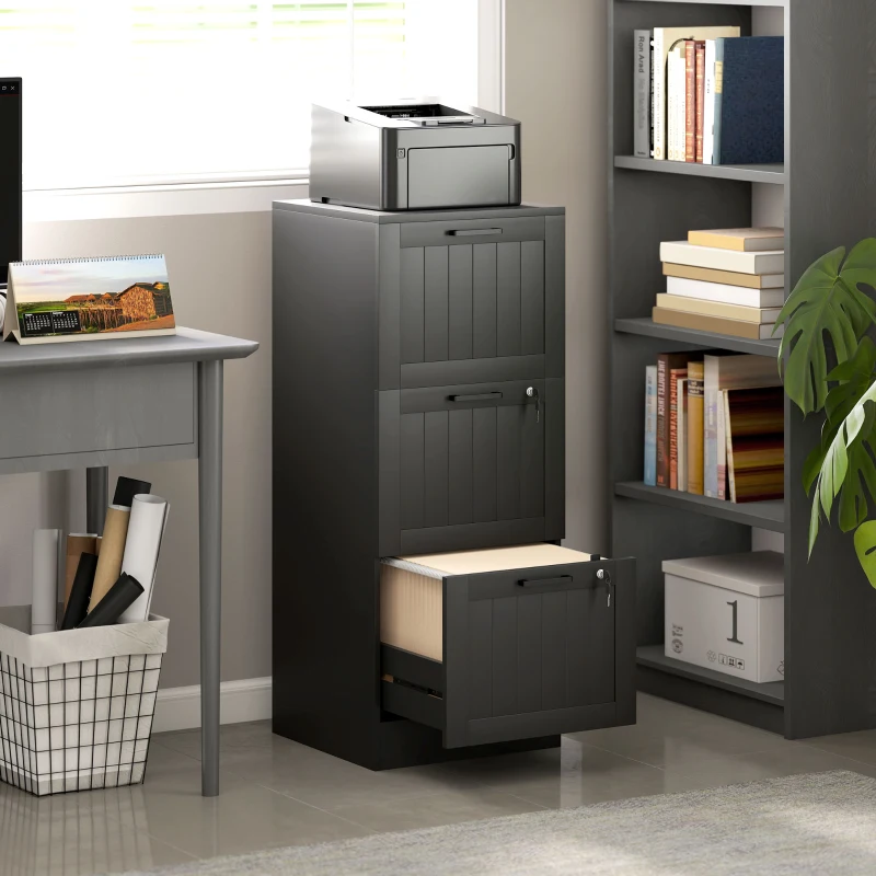 HOMCOM Caisson bureau, meuble rangement bois 3 tiroirs et serrure, barres de suspension réglables, 40 x 40 x 101 cm, noir