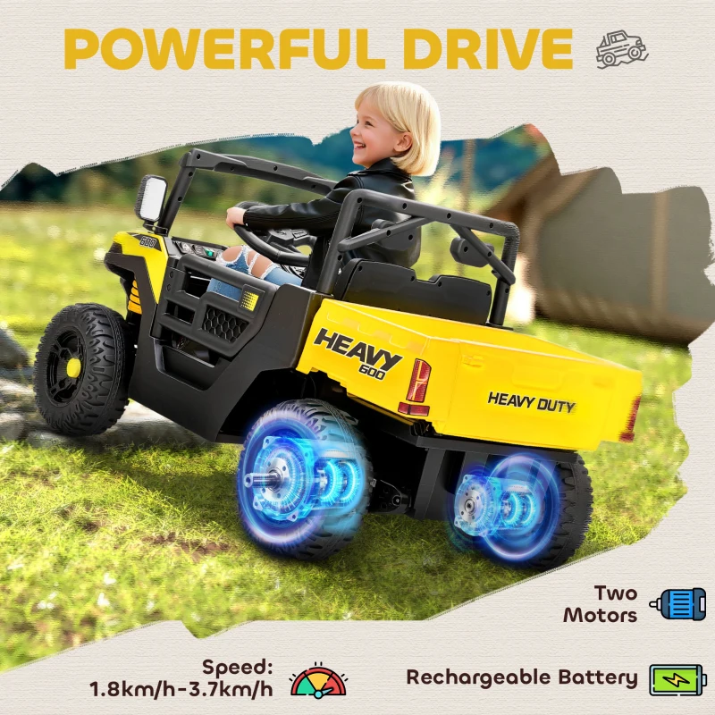 AIYAPLAY Kids Ride on Car, 12V Electric Kids UTV with Electric Dump Bed, 4-Wheel Suspension for 3-8 Years, Yellow