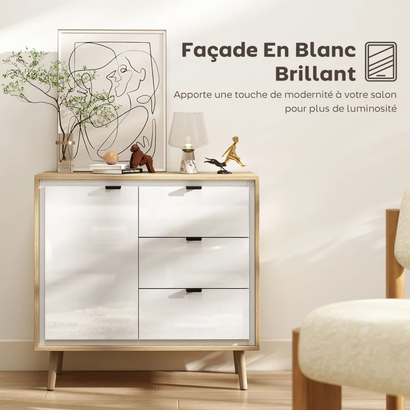 HOMCOM Buffet salon meuble de rangement armoire de cuisine placard à 2 portes 3 tiroirs et étagère réglable, 80x35x77cm, blanc