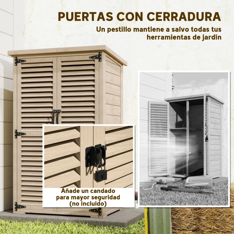 Outsunny Caseta de Jardín de Madera 75x50x118 cm Armario para Almacenaje de Herramientas con 2 Estantes y 2 Puertas Natural