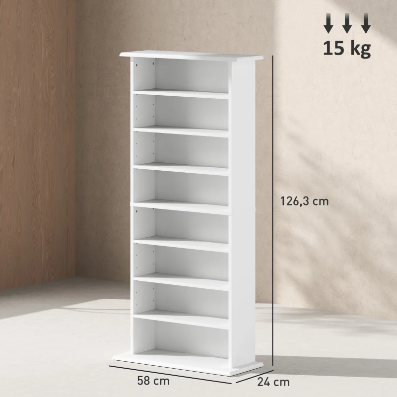 HOMCOM Estantería para CDs y DVDs Estrecha con 8 Compartimentos Estantes Ajustables 58x24x126,3 cm Blanco