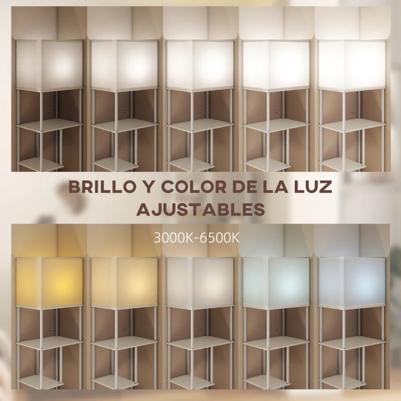HOMCOM Lámpara de Pie con Estantes Temperaturas de Color Ajustable 3000K-6500K Control Remoto Bombilla E27 Blanco