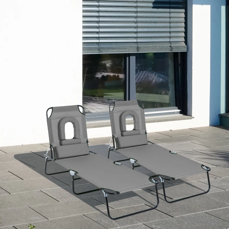 Outsunny Lot de 2 Bains de Soleil Pliable transat inclinable 4 Positions Chaise Longue de Lecture 3 Coussins fournis Gris