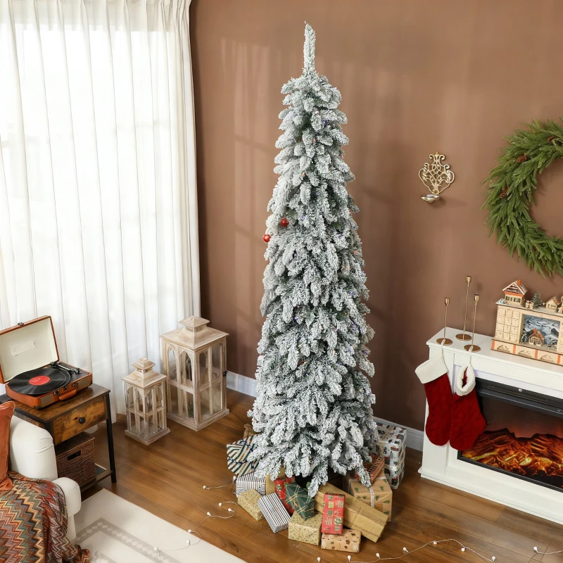 HOMCOM Árvore de Natal Estreita 225 cm Árvore de Natal Nevada com Luzes LED Temporizador 11 Modos de Iluminação Verde