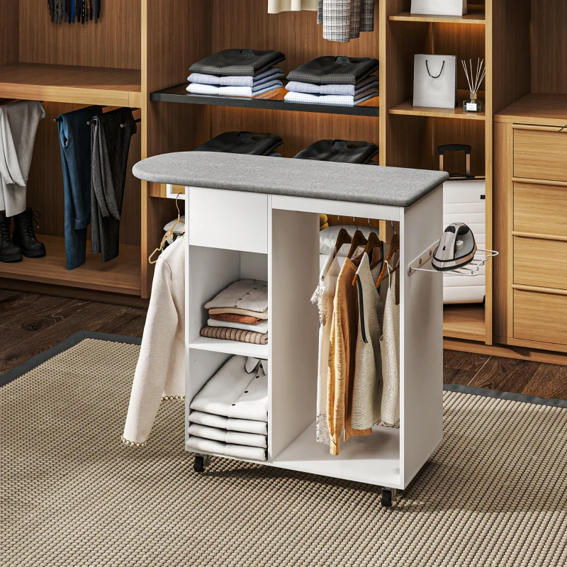 HOMCOM Armoire à repasser en bois table à repasser avec roulettes barre de suspension étagère 125 x 43,5 x 102,5 cm blanc(m-10)