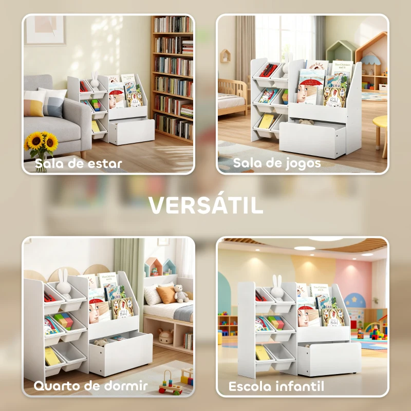 AIYAPLAY Estante Infantil para Brinquedos com 6 Caixas Removíveis 3 Prateleiras Abertas e Gaveta Inferior com Rodas 100x30x80 cm Branco