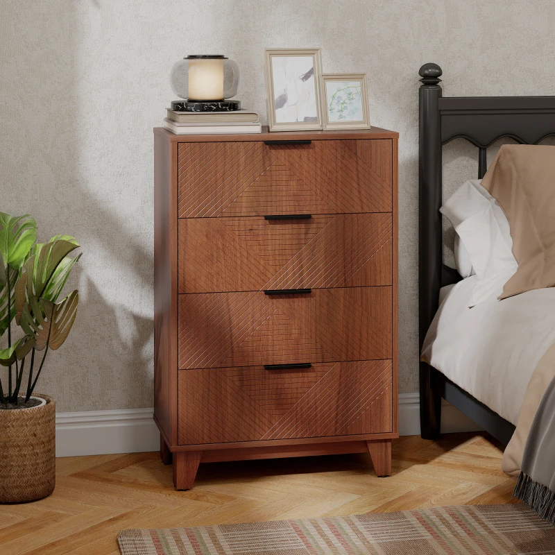 HOMCOM Commode 4 tiroirs meuble de rangement vintage avec poignées en métal, 60 x 36 x 90 cm, effet bois marron