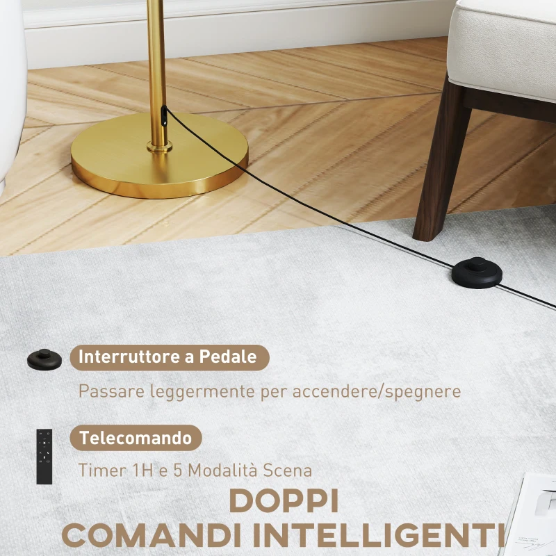 HOMCOM Lampada da Terra con Telecomando e Luminosità Regolabile 3000K-6000K, Paralume in Tessuto, Oro