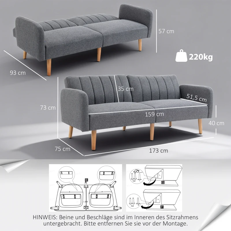 HOMCOM Schlafsofa, 2-Sitzer Stoffsofa, Sofa mit Schlaffunktion, leinenartiges Polyester, Kautschukholz, 173 x 75 x 73 cm, Grau