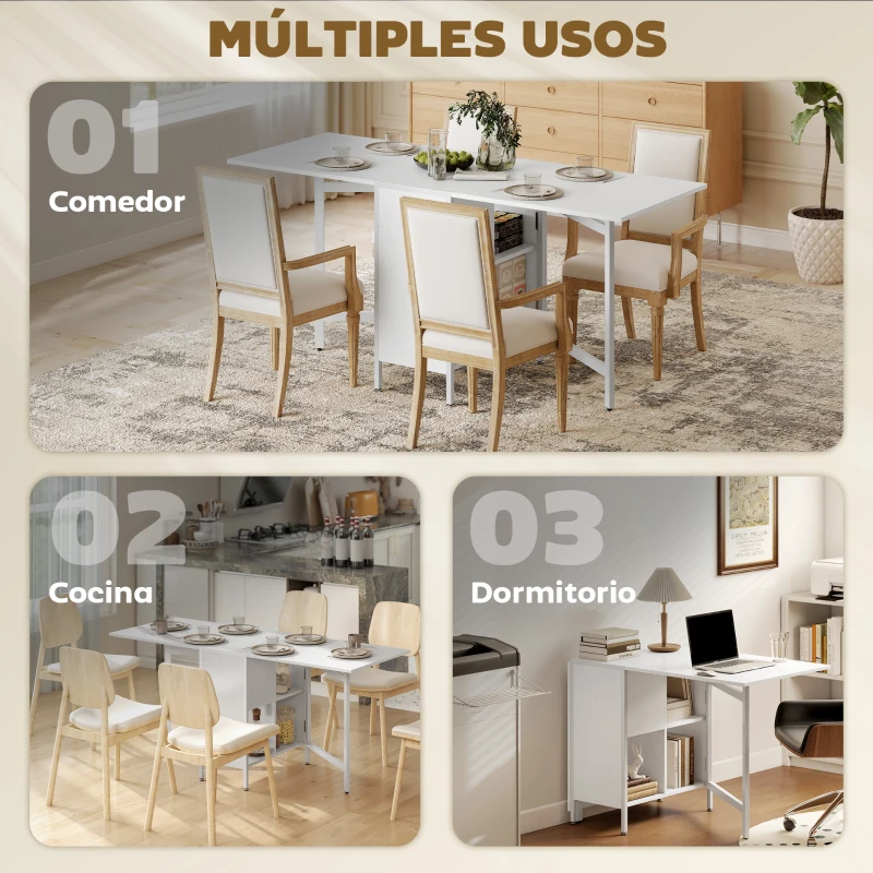 HOMCOM Mesa Plegable de Comedor con Alas Abatibles 4 Compartimentos 3 Formas para Cocina Salón 169x60x75 cm Blanco