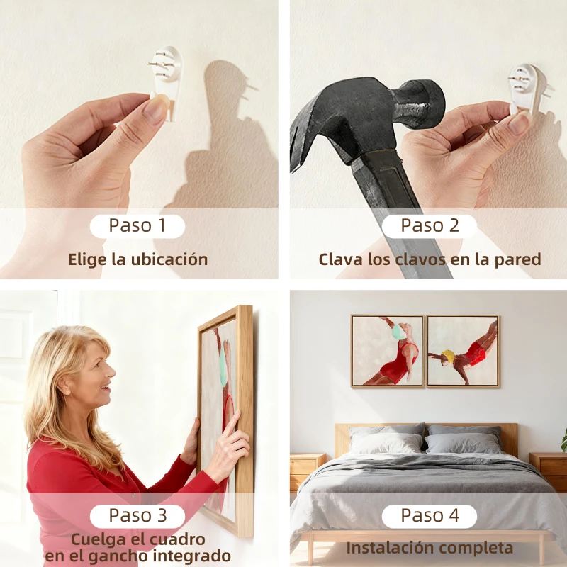 HOMCOM Cuadros en Lienzo Figuras Dinámicas a Mano 40x40 cm 2 Piezas Cuadros de Arte de Pared Enmarcados Rojo