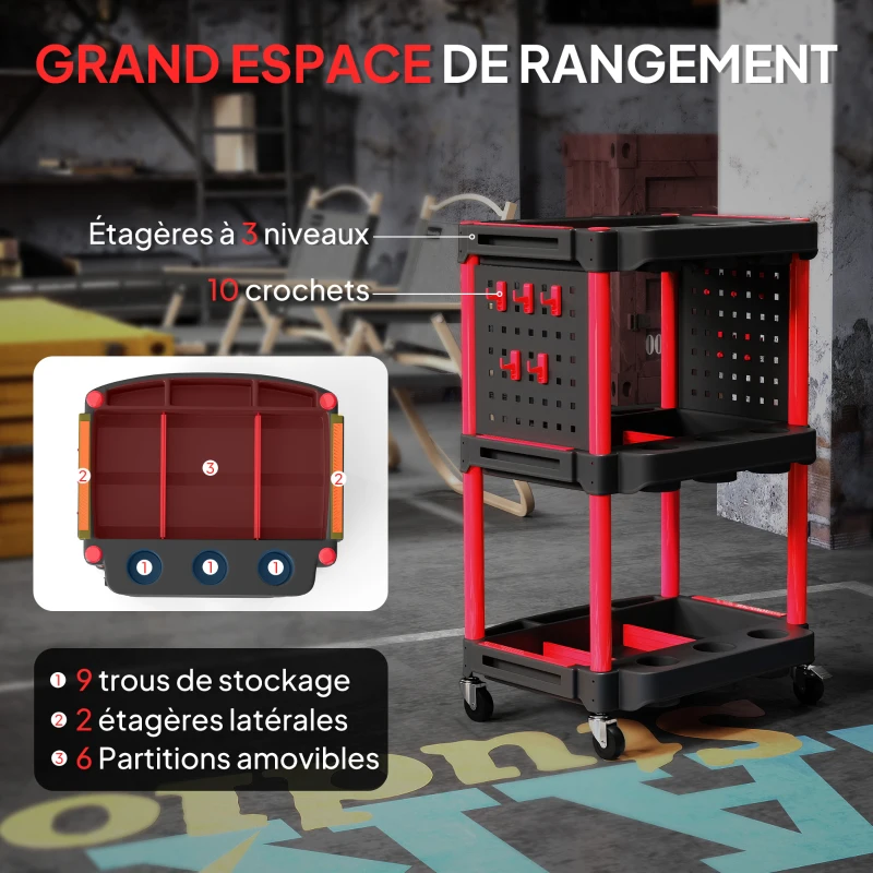 HOMCOM Chariot d'atelier servante atelier à 3 niveaux pour garage, entrepôt, outils de bricolage, charge 91 Kg, noir et rouge