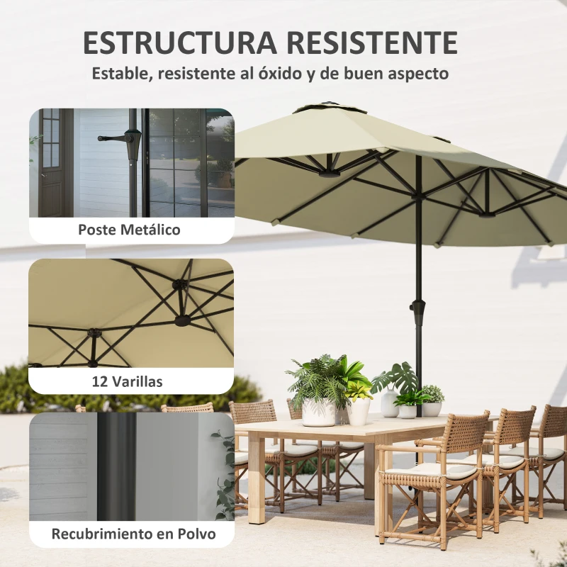 Outsunny Sombrilla Doble 4x2,2 m Sombrilla Terraza Exterior con Manivela Manual Impermeable y Protección UV30+ Crema