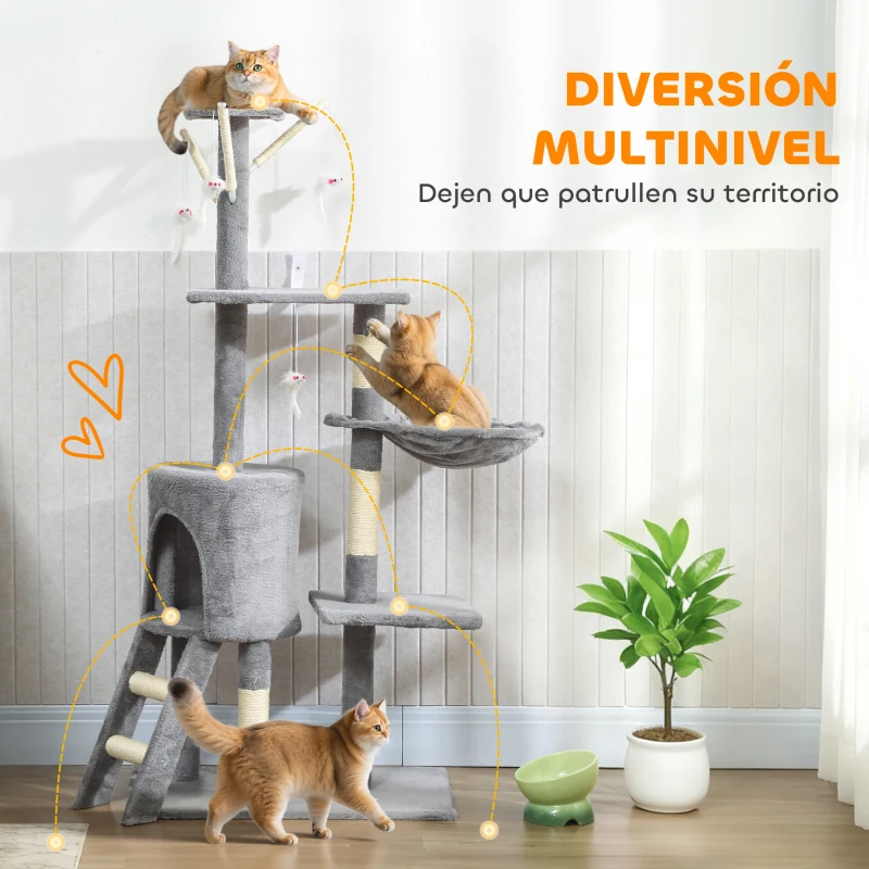 PawHut Árbol Rascador para Gatos Altura 134 cm con 6 Postes 3 Plataformas Cueva Hamaca Escalera 4 Juguetes Colgantes Gris