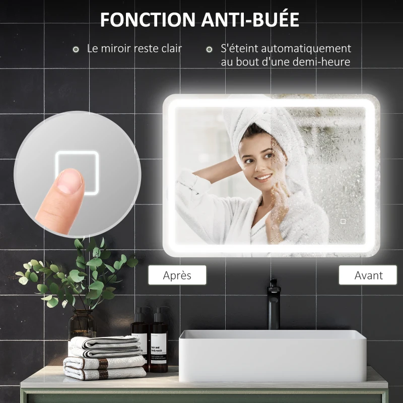 HOMCOM Miroir de salle de bain 60 x 80 cm, miroir LED mural avec 3 couleurs lumière, dimmable, mémoire, anti-buée, argent