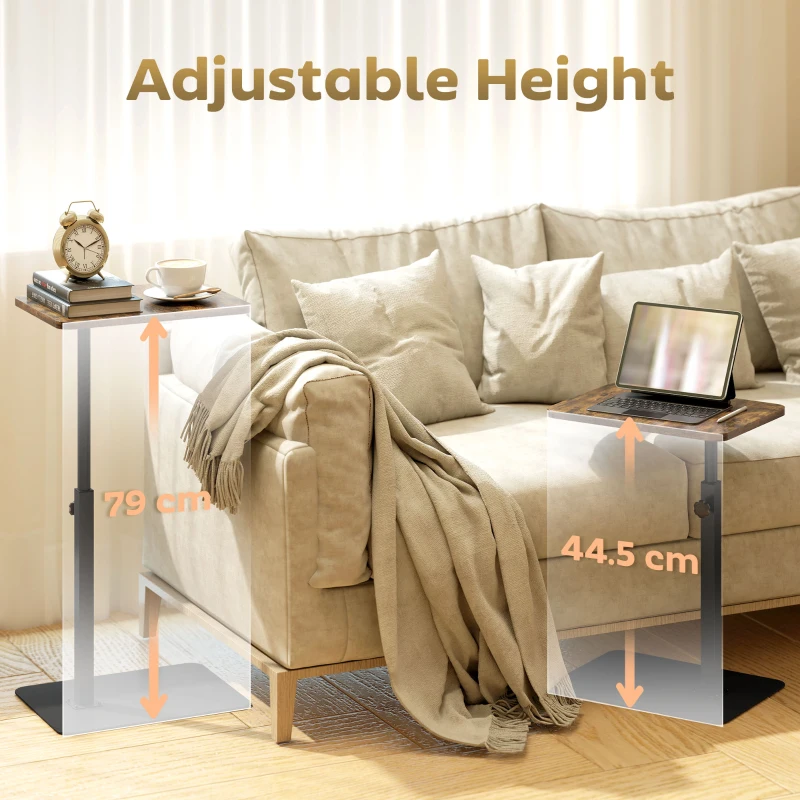 HOMCOM C Shaped Side Table, Small End Table with Adjustable Height and Metal Base for Living Room, Bedroom, Rustic Brown