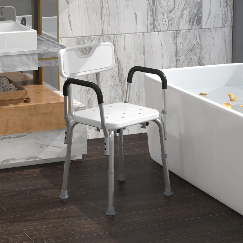 HOMCOM Chaise de Douche siège de Douche Ergonomique Hauteur réglable Pieds antidérapants Dossier accoudoirs Amovibles Charge Max. 136 Kg alu HDPE Blanc