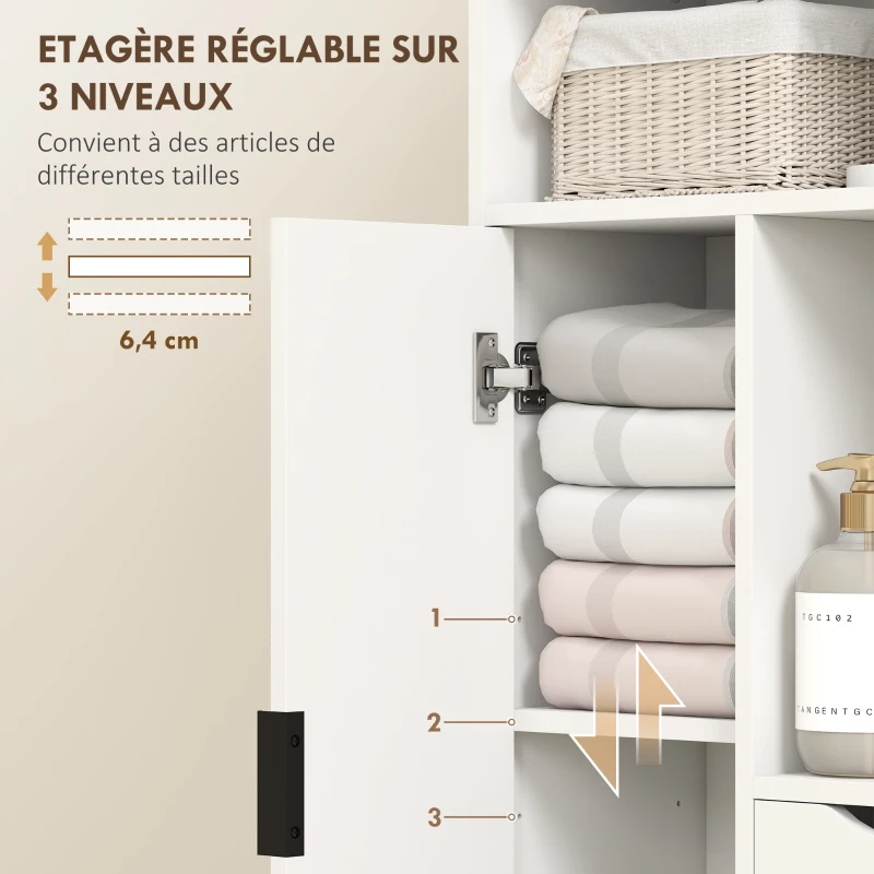 HOMCOM Meuble de salle de bain, meuble de rangement étroit avec 2 tiroirs, compartiments ouverts, 50x25x100cm, blanc