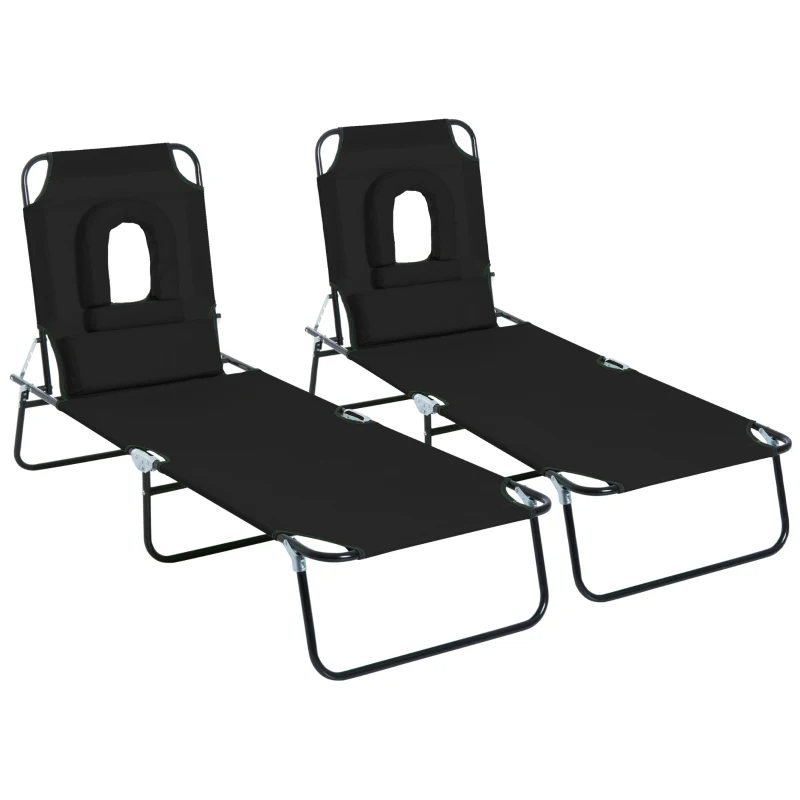Outsunny Lot de 2 Bains de Soleil Pliable transat inclinable 4 Positions Chaise Longue de Lecture 3 Coussins fournis Noir