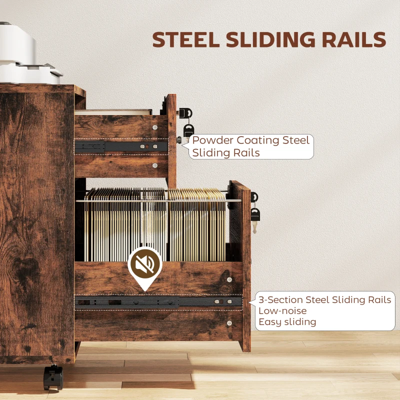 HOMCOM Rolling File Cabinet with 2 Drawers, Mobile Filing Cabinet with Hanging File Folder for Letter Sized Documents, Rustic Brown