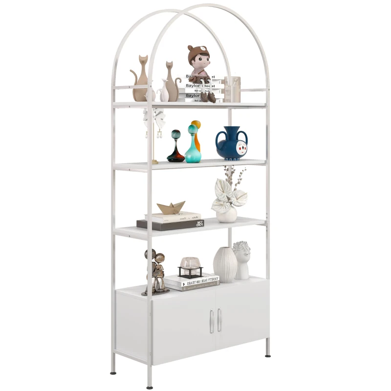 HOMCOM Estantería de almacenamiento, librería arqueada de 4 niveles con armario de doble puerta, 80 x 30 x 187 cm, blanco