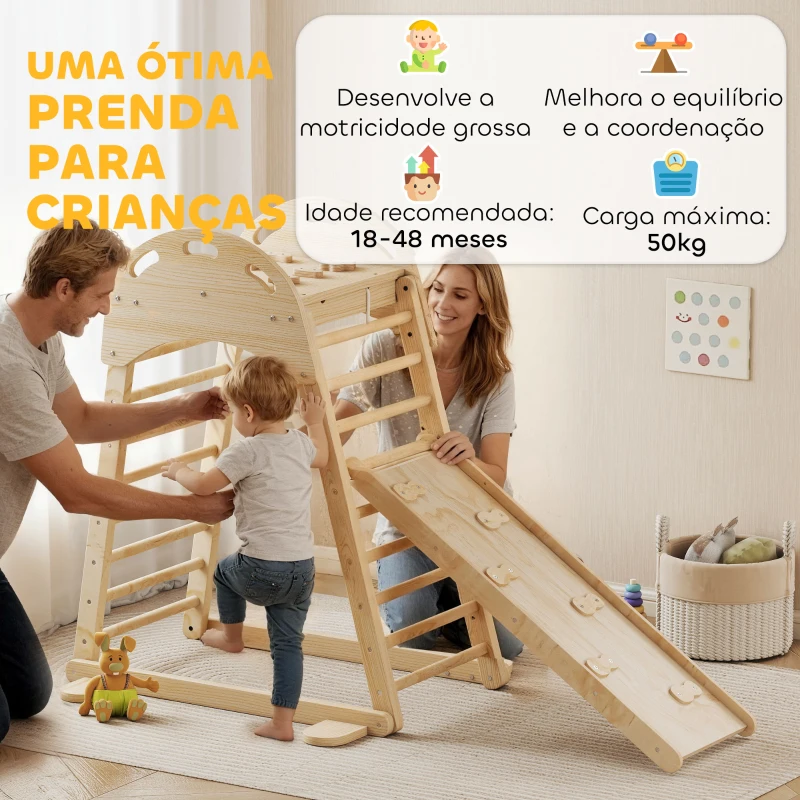 AIYAPLAY Triângulo de Escalada Montessori 6 em 1 Estrutura de Madeira com Plataforma Anéis e Escorrega para Escalar ou Deslizar Madeira
