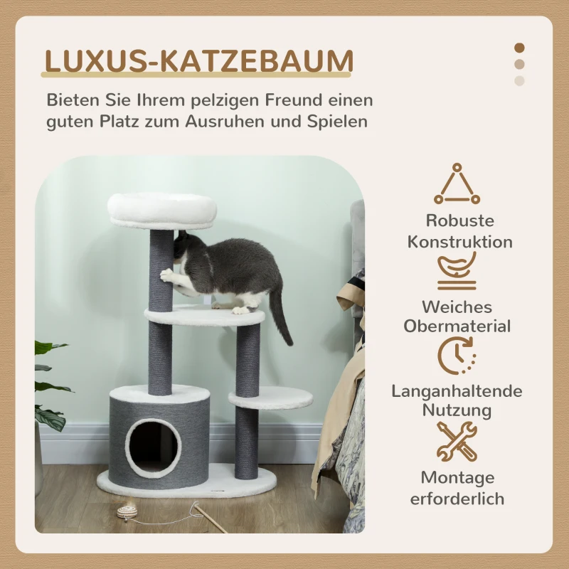 PawHut Kratzbaum mit 1 Katzenhöhle, 1 Katzenbett, 2 Plattformen, Jute-Seilspfosten, Weiß + Grau