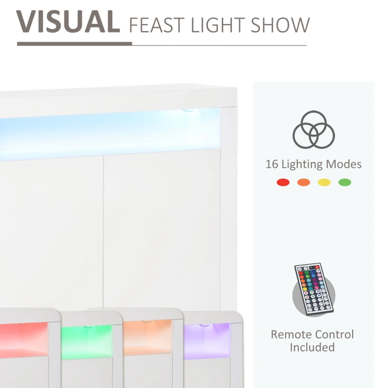 HOMCOM LED Storage Cabinet, Cupboard with High Gloss Front and RGB Lighting, Modern Sideboard for Entryway, Dining Area, Living Room, White