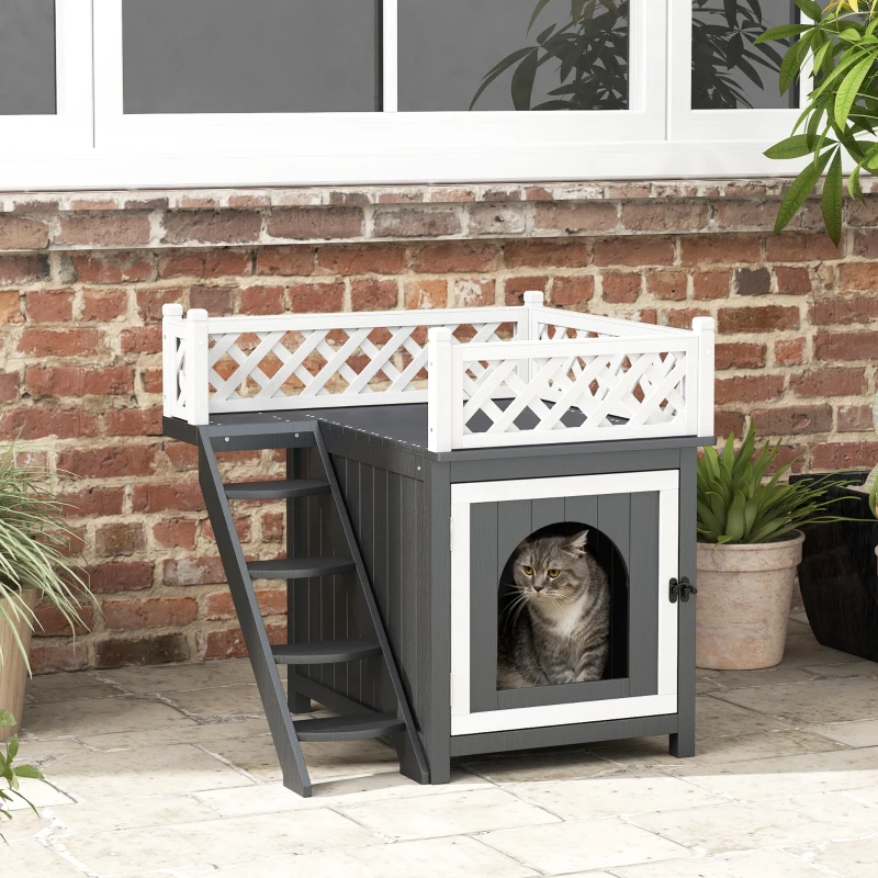 PawHut Maison pour chat niche pour chat à 2 étages avec balcon escaliers en bois massif 67,5 x 63 x 68,5 cm gris