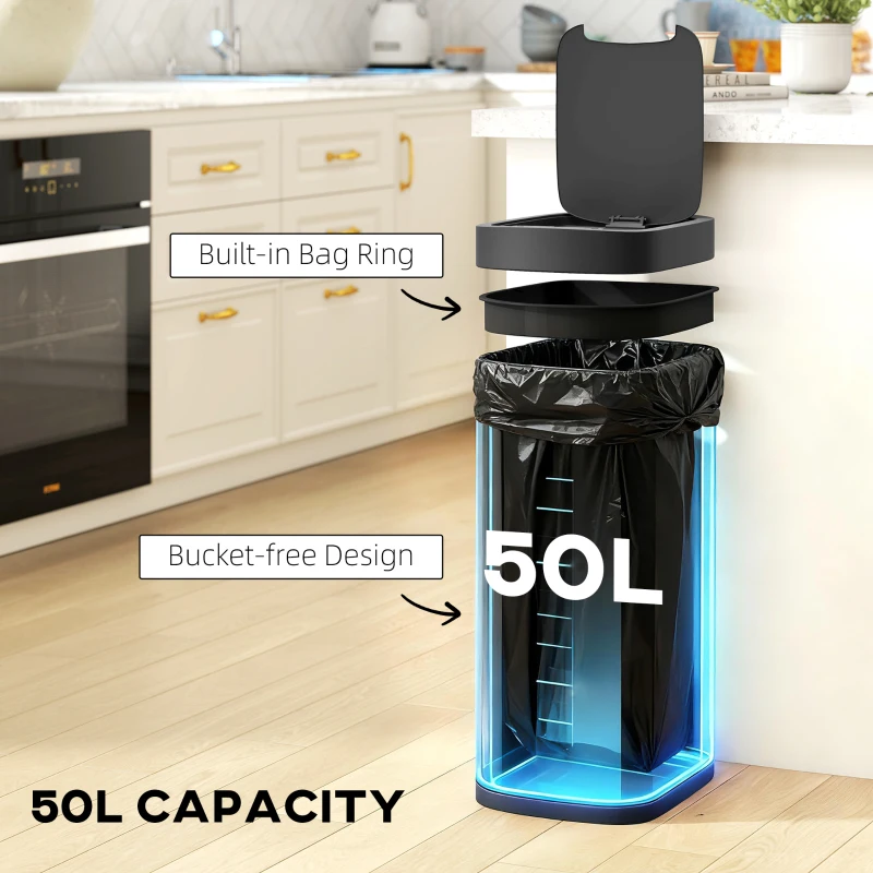 HOMCOM 50L Sensor Bin, Automatic Kitchen Bin, Manual Override, Battery Operated, Inner-Bucket-Free, for Kitchen, Bedroom