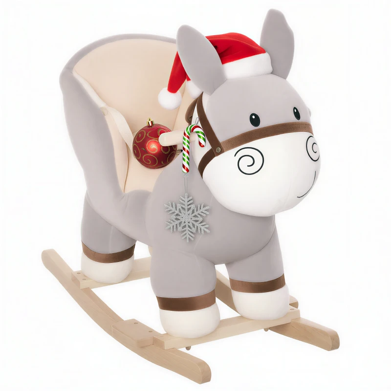 HOMCOM Kids Rocking Horse, Children Plush Ride On Donkey Animal Rocker w/ Sound, Wood Base Seat, Safety Belt, Baby Toy Rocker for Toddler 18 - 36 Months, Grey