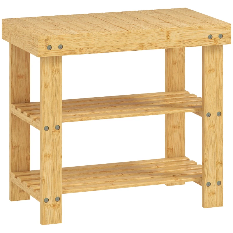 HOMCOM Two Shelf Bamboo Shoe Storage Bench - Natural Finish