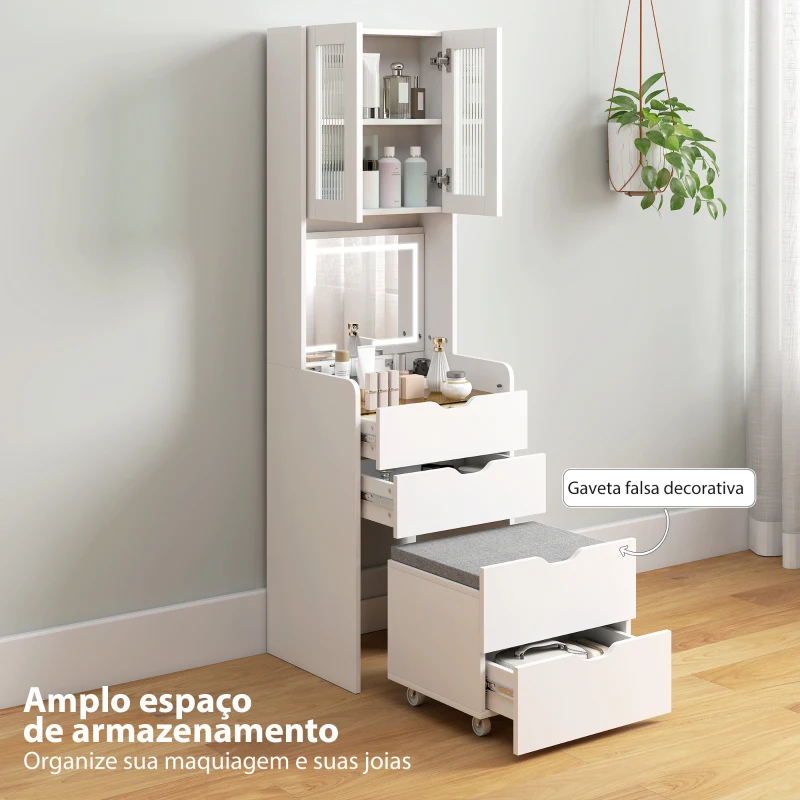 HOMCOM Toucador de Maquilhagem com Luzes LED de 3 Cores Espelho Rebatível e Banco Acolchoado 50x40x160 cm Branco