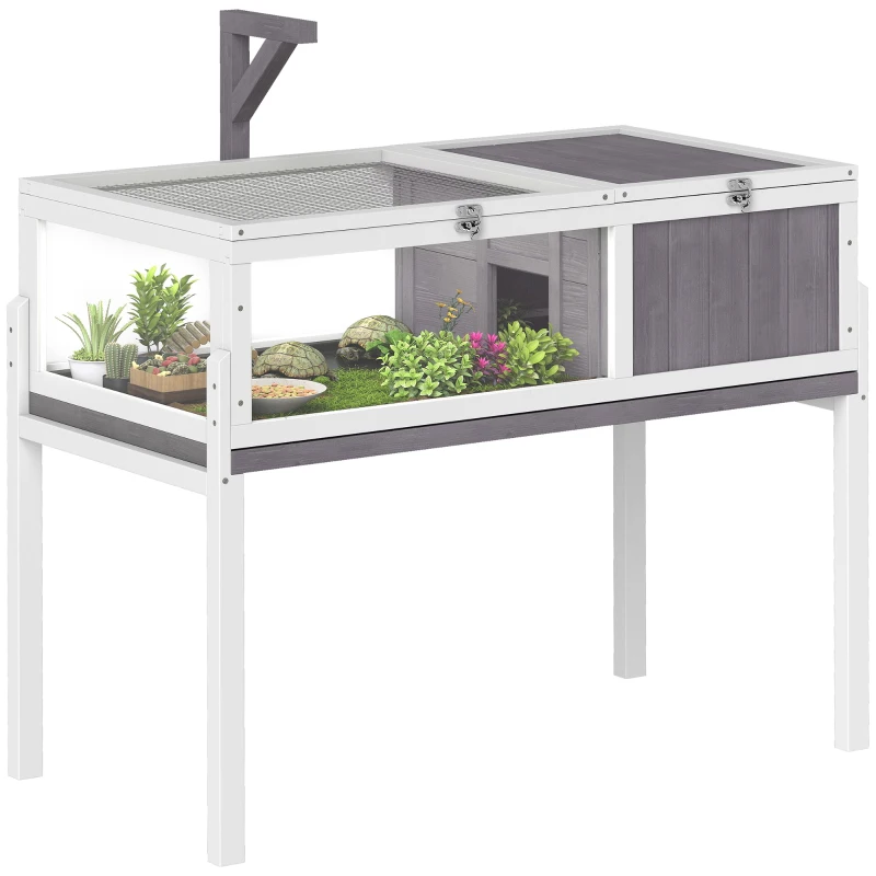 PawHut Casa para Tortugas de Madera con Techo de Malla Bandeja Extraíble y Soporte para Lámpara 104x53x82 cm Gris y Blanco