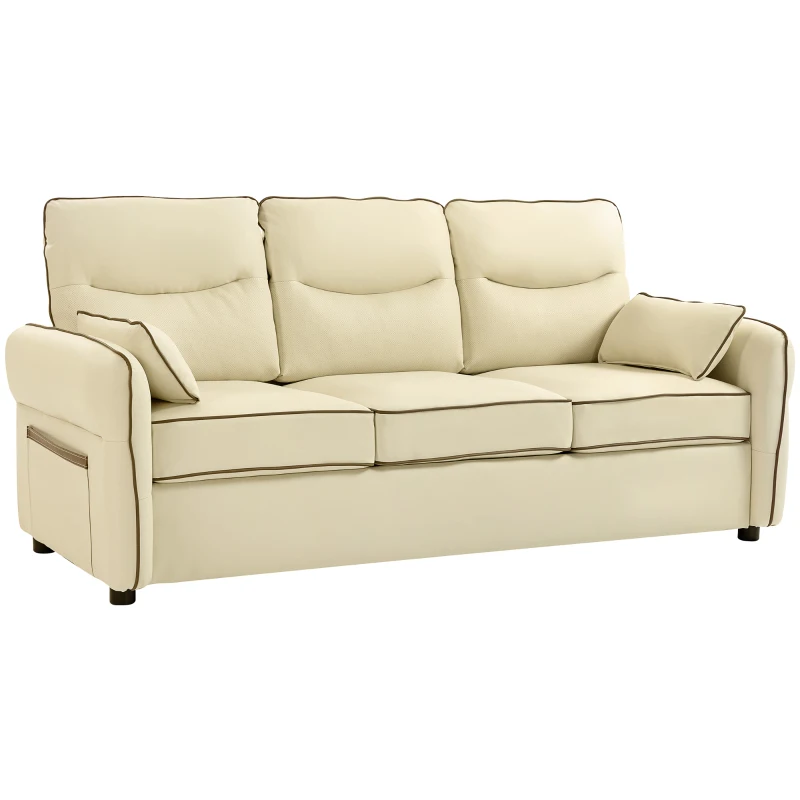 HOMCOM 3-Sitzer-Sofa aus Kunstleder mit dicker Polsterung, Seitentasche und 2 Kissen, 190x83x90 cm, Beige